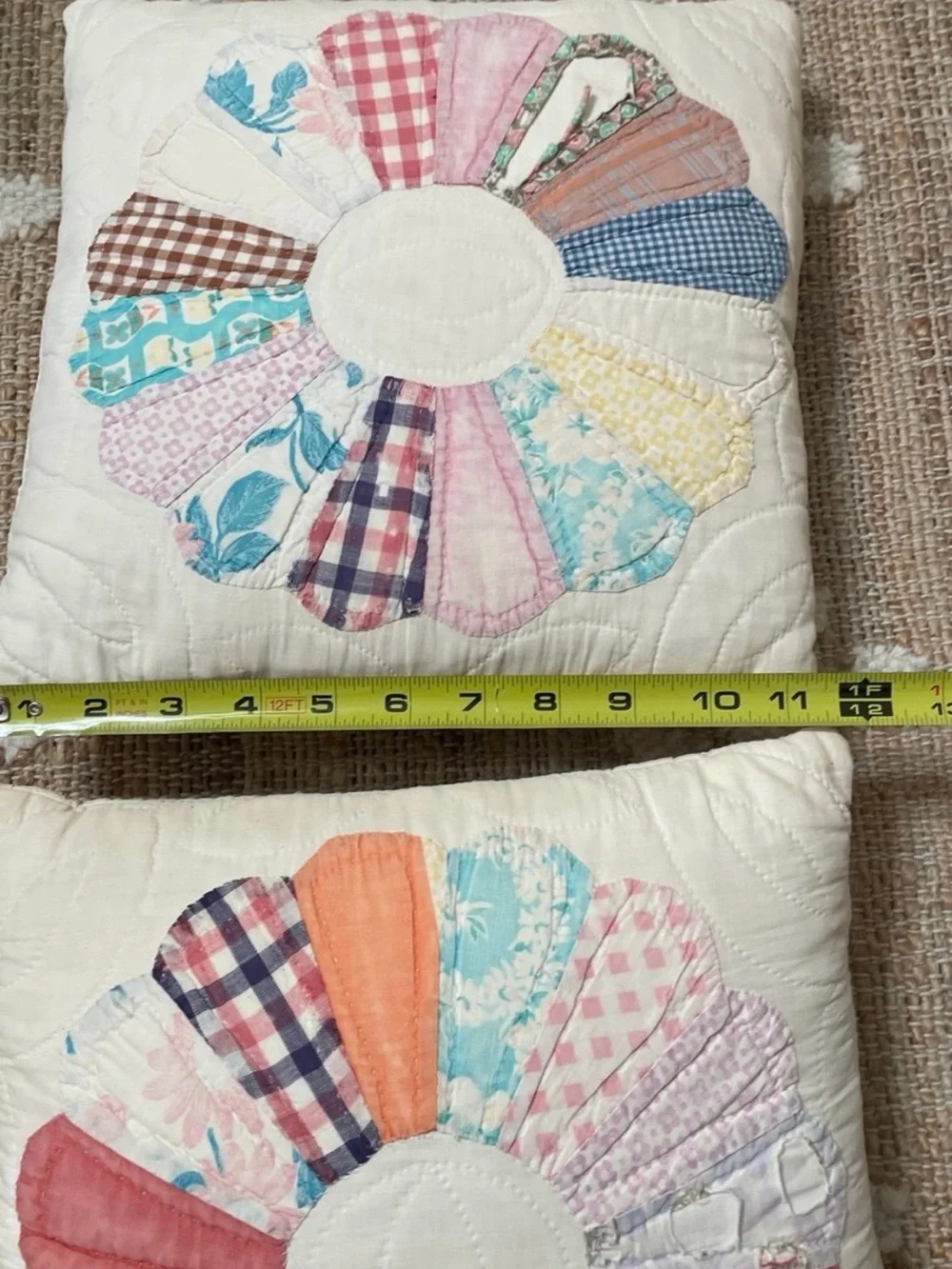 Pair Of Vintage Handmade Dresden Plate Pattern Square Throw Pillows